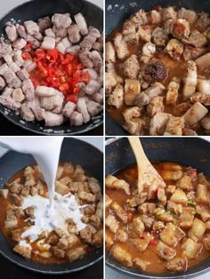 four pictures show how to make chicken and potatoes in a skillet with milk being poured on top