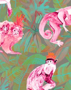 three monkeys in pink and green with leaves