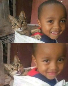 two pictures of a little boy with a cat in his lap and the same photo of him smiling