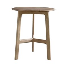 a small wooden table with a circular top and two legs on the bottom, against a white background