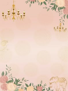 a pink background with flowers, chandeliers and an elephant on the bottom right corner