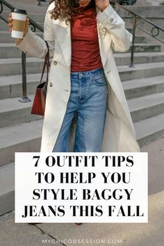 Wondering how to wear baggy jeans and baggy pants? This style guide has all the tips you need to wear baggy jeans in a trendy yet classic way. Get inspired by this baggy jeans outfit (& more) to freshen up your autumn outfits and fall outfits 2024! Baggy Jeans For Women Outfits, How To Style Baggy Jeans With Boots, Baggy Jeans Pointed Heels Outfit, Baggy Jeans Jacket Outfit, Baggy Jeans Mom Outfit, Baggy Jeans Chic Outfit, Og Loose Jeans Outfit, Best Baggy Jeans For Women, Cuffed Baggy Jeans Outfit