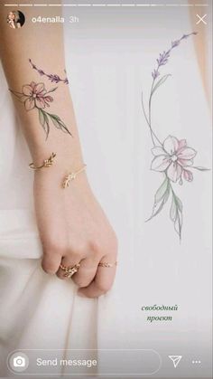 a woman's arm with flowers on it and the words send message written below