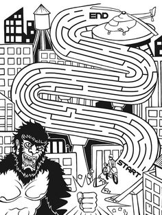 a black and white drawing of a monster in front of a maze