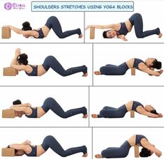 a woman is doing yoga poses on her stomach and back with the words shoulders stretches using yoga blocks