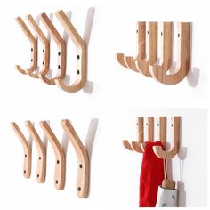 four pictures of wooden clothes hangers on the wall