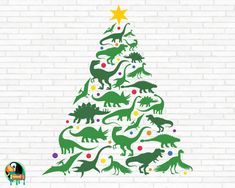 a christmas tree made out of dinosaurs on a white brick wall with stars and dots