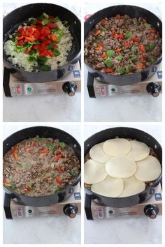 four pictures show different stages of cooking food in a skillet on the stove top