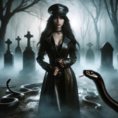 a woman in a black coat and hat standing next to a snake