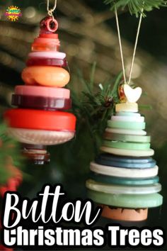 an ornament hanging from a christmas tree with the words button christmas trees on it