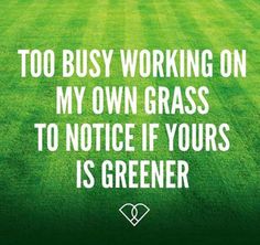 a green field with the words, too busy working on my own grass to notice if your is greener