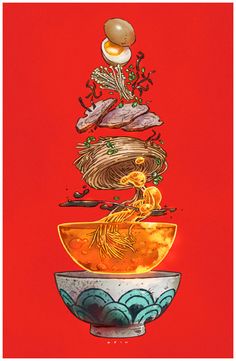 an illustration of food stacked on top of each other in a bowl with noodles and vegetables