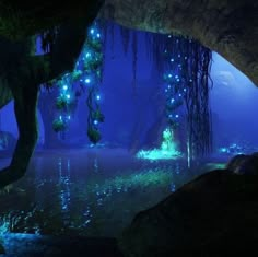 an underwater scene with trees and plants in the water, surrounded by blue lights at night