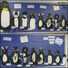 two bulletin boards with penguins on them in front of blue background and white writing that says boy mama teacher march 2013