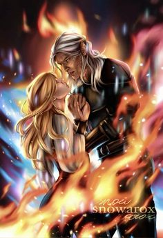 an image of a man and woman kissing in front of a blazing background with fire