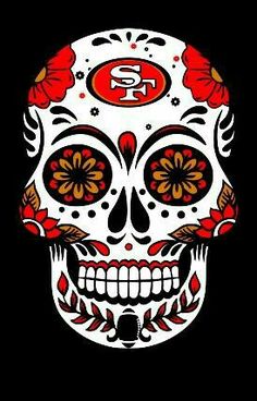 a skull with the san francisco logo painted on it's face and flowers in its mouth