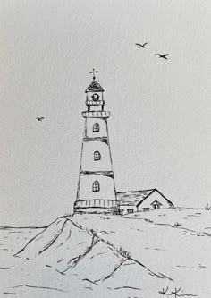 an ink drawing of a lighthouse on top of a hill with birds flying over it