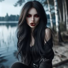 a woman with long black hair and red eyes sitting in front of a body of water