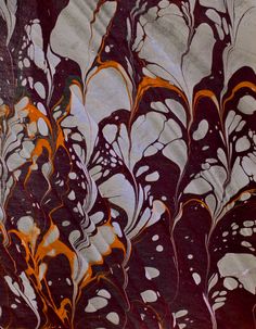 an abstract painting with orange and brown colors on it's surface, showing the details of leaves