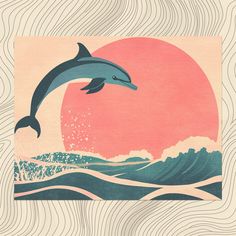 a dolphin jumping out of the water in front of an orange and pink sky with waves