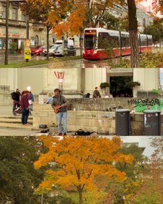 a man playing guitar in the middle of a park