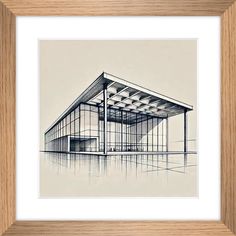 a drawing of a building that is made out of glass and wood, with an open roof