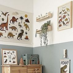 a child's bedroom with dinosaur wall decals on the walls and dressers