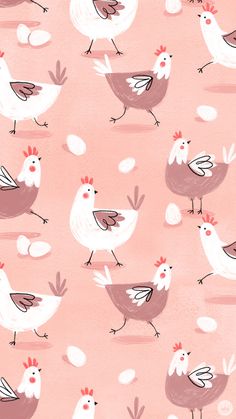 a pink background with chickens and eggs on it