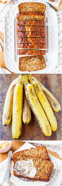 banana bread and bananas on a plate with other food items in the background, along with an image of several different types of breads