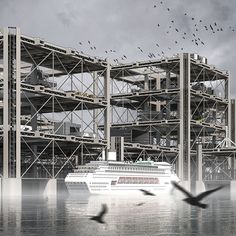 a cruise ship in the water surrounded by scaffolding and birds flying around it