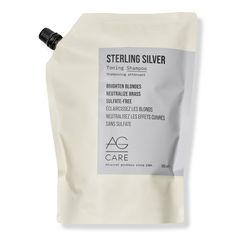 Sterling Silver Toning Shampoo -  Eliminate brassy tones caused by sun, UV and free radicals with AG Care vivid, Sterling Silver Toning violet shampoo for blonde and silver hair.    Benefits     Brighten blondes Neutralize brass Sulfate-free Refill your 10.0 oz bottle 3.4x     Key Ingredients     Violet base Sunflower seed Polyphenol blend of lavender, marigold, pine tree leaf, carnation and red clover     Formulated Without     Sulfate PABA Paraben Gluten DEA Animal testing   - Sterling Silver Violet Shampoo, Shampoo Brands, Ag Hair Products, Silver Shampoo, Red Clover, Toning Shampoo, Purple Shampoo, Sunflower Seed, Sulfate Free