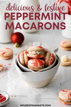 delicious and festive peppermin macarons in a bowl