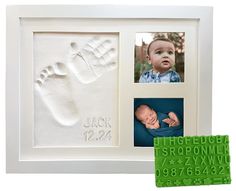 a baby's hand and foot print in a frame next to a rubber stamp