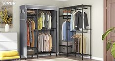 an open closet with clothes on hangers and a yellow chair in the corner next to it