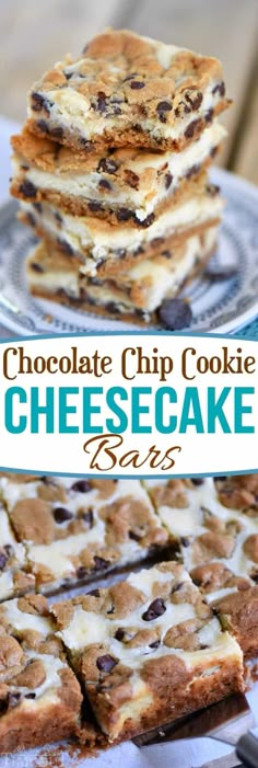 chocolate chip cookie cheesecake bars stacked on top of each other with text overlay