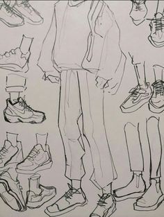 a drawing of a person standing in front of many pairs of shoes and holding his hand on his hip