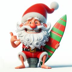 a cartoon santa clause holding a surfboard and giving the thumbs up while sitting down