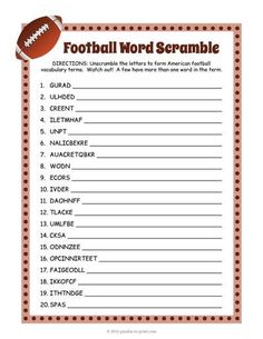 a football word scramble with the words in it