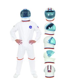 a man in white space suit standing with his hands on his hips and six different spaces around him