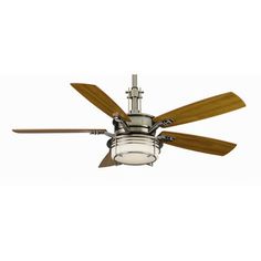 a ceiling fan with three wooden blades