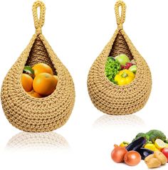 two baskets filled with fruits and vegetables on top of a white surface next to each other