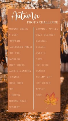 an autumn photo challenge with the words autumn written on it and leaves in the background