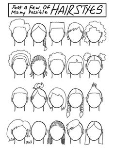 Simple, hand-drawn examples of various hairstyles. Suitable for posters or handouts, may be used as an adaptive resource. Helps students create more varied and unique hair for their portraits, and hopefully represent themselves a little better.Updated April 2023 to correct spelling. Human Gestures Sketches, Hair Examples Drawings, Hair Crafts For Kids, Art Ideas For Middle Schoolers, Faces Drawing Easy, How To Sketch Faces, Self Portrait Ideas For Kids, Self Portrait For Kids, Drawing People Sketches