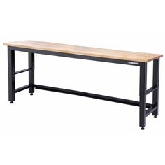 a workbench with a wooden top and metal legs