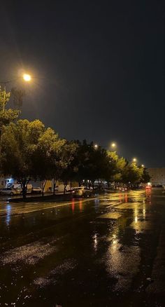 a city street at night with lights on and trees lining the road in the foreground