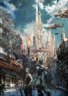 an image of a sci - fi city scene with people walking in the foreground