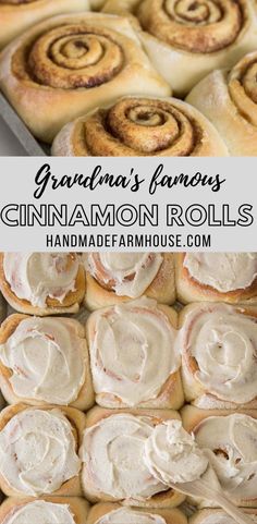 cinnamon rolls with cream cheese frosting on top and in the background, there is an image of grandma's famous cinnamon rolls