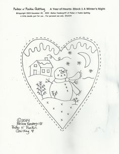 a paper heart with a snowman in the middle and a house on the other side