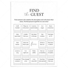 a printable game with the words find the guest and other things to write on it