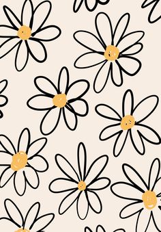 black and white flowers with yellow centers on a beige background seamless wallpaper pattern